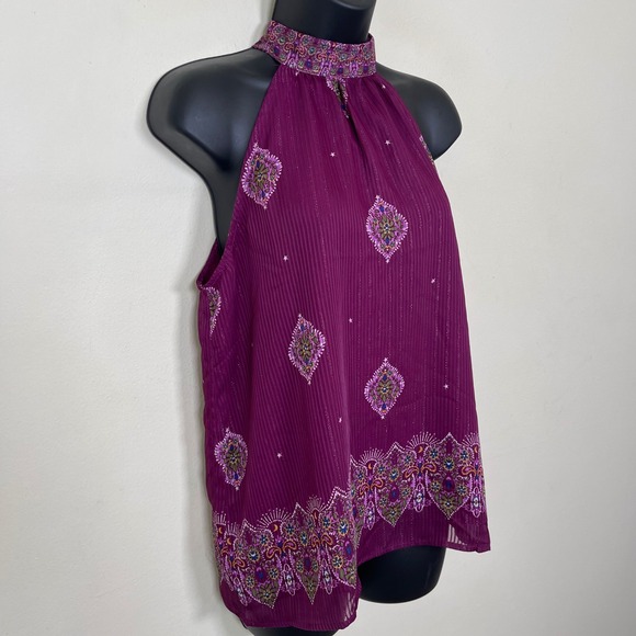 Loft Shimmer Stripe Mosaic Bow Back Halter Top Purple Paisley Womens S‎ NWT - Picture 5 of 10